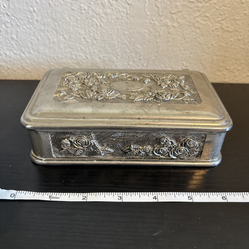 Vtg Silver Plated Jewlery Box Velvet Lined Floral Art Nouveau Roses